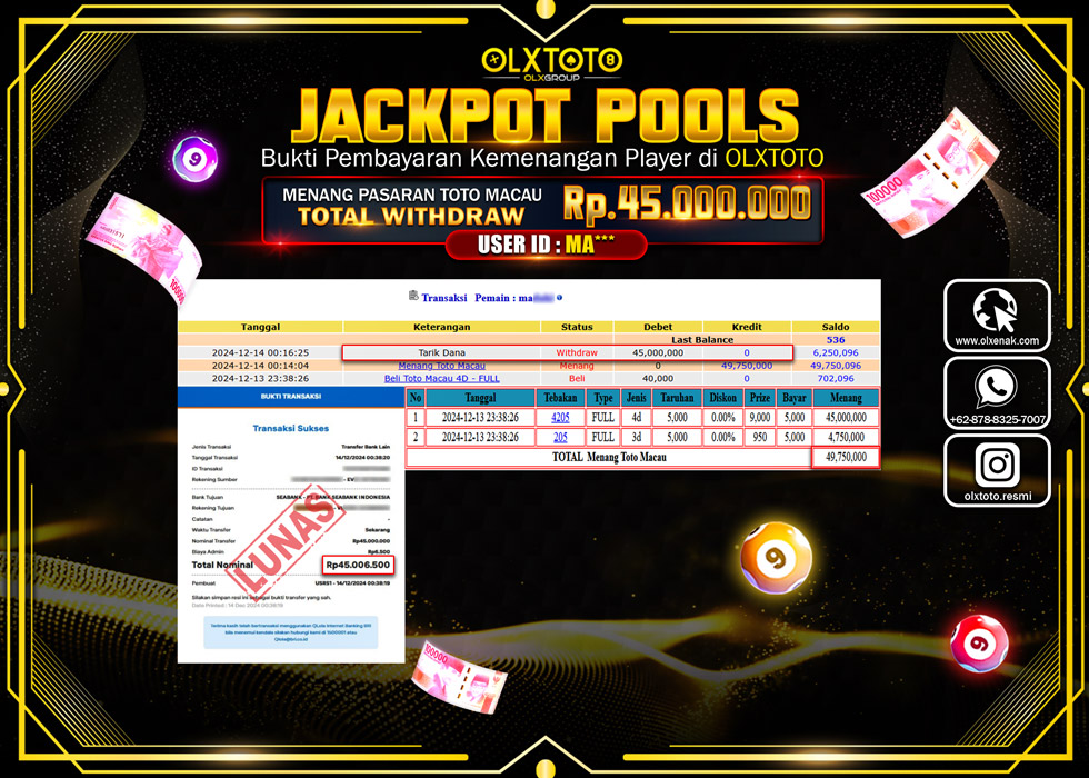 OLXTOTO JACKPOT  TOGEL POOL TOTO MACAU Rp.45.000.000.,- LUNAS