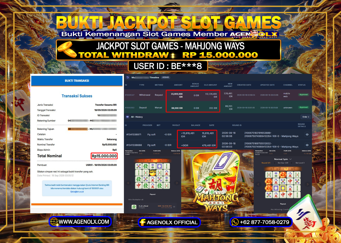 AGENOLX JACKPOT SLOT MAHJONG WAYS  RP 15.000.000 - LUNAS