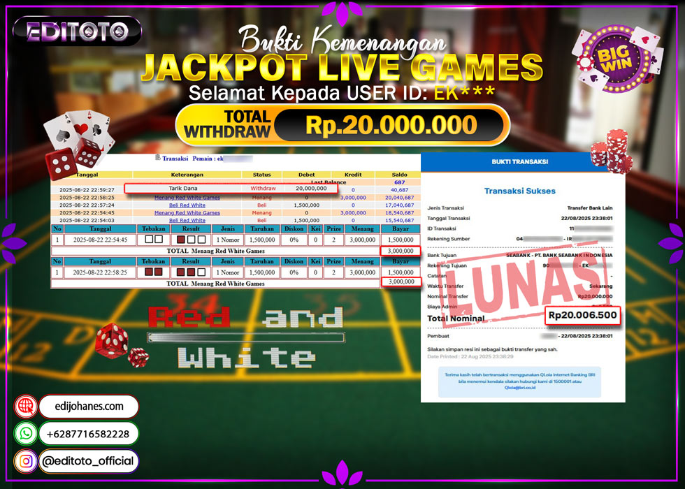 JACKPOT EDITOTO LIVE GAME RED WHITE GAMES  Rp.20.000.000.,- LUNAS