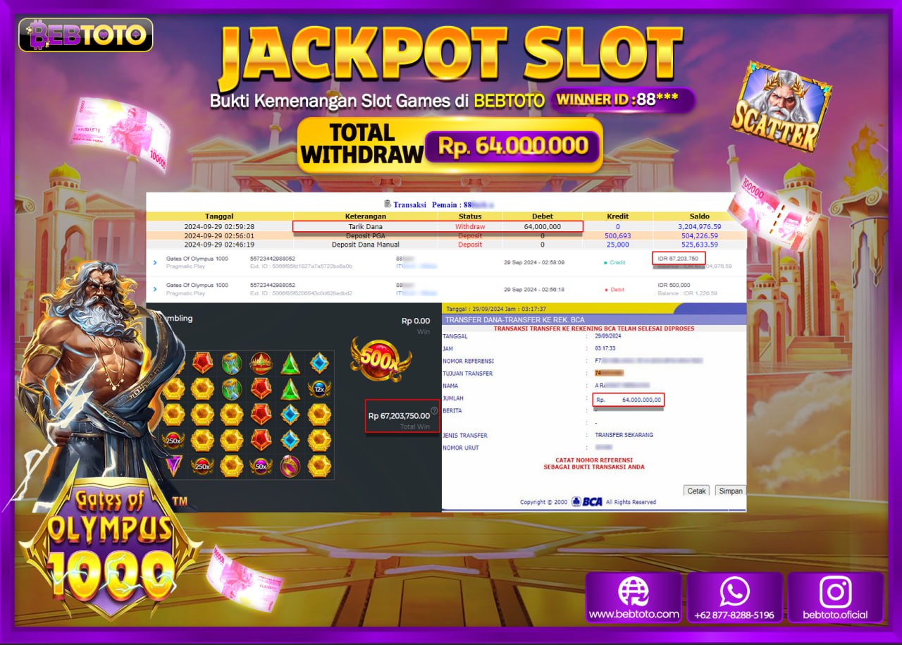 JACKPOT SLOT BEBTOTO GATES OF OLYMPUS 1000 Rp.64.000.000.,- LUNAS