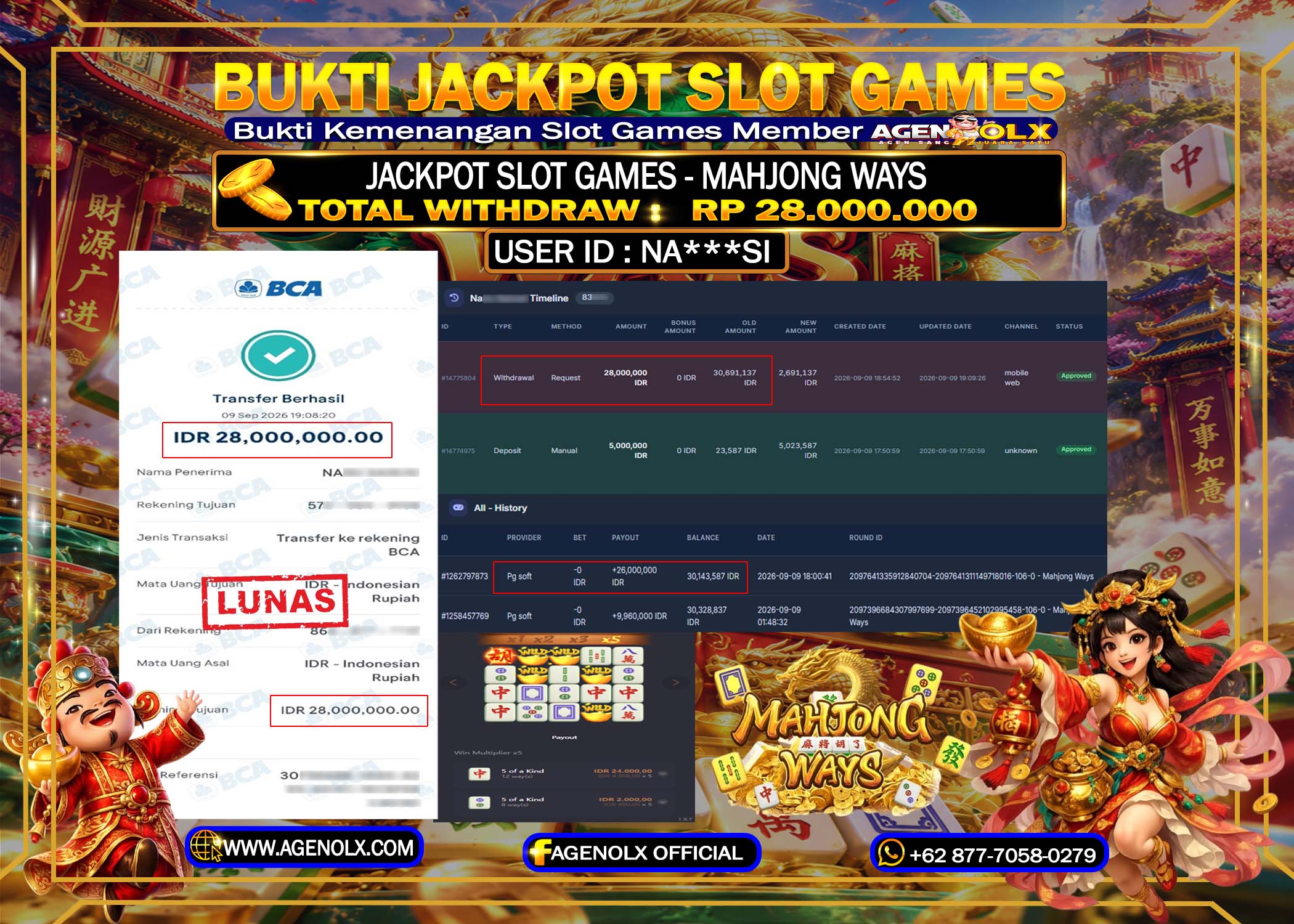 AGENOLX JACKPOT SLOT - MAHJONG WAYS  Rp 28,000 ,000 -LUNAS