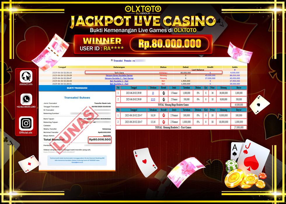 BONDAN69 JACKPOT LIVE GAMES ROULETTE  GAMES Rp.80.000.000.,- LUNAS
