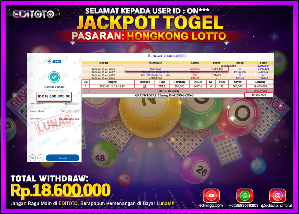 JACKPOT TOGEL PASARAN HONGKONG LOTTO Rp.18.600.000.,- LUNAS