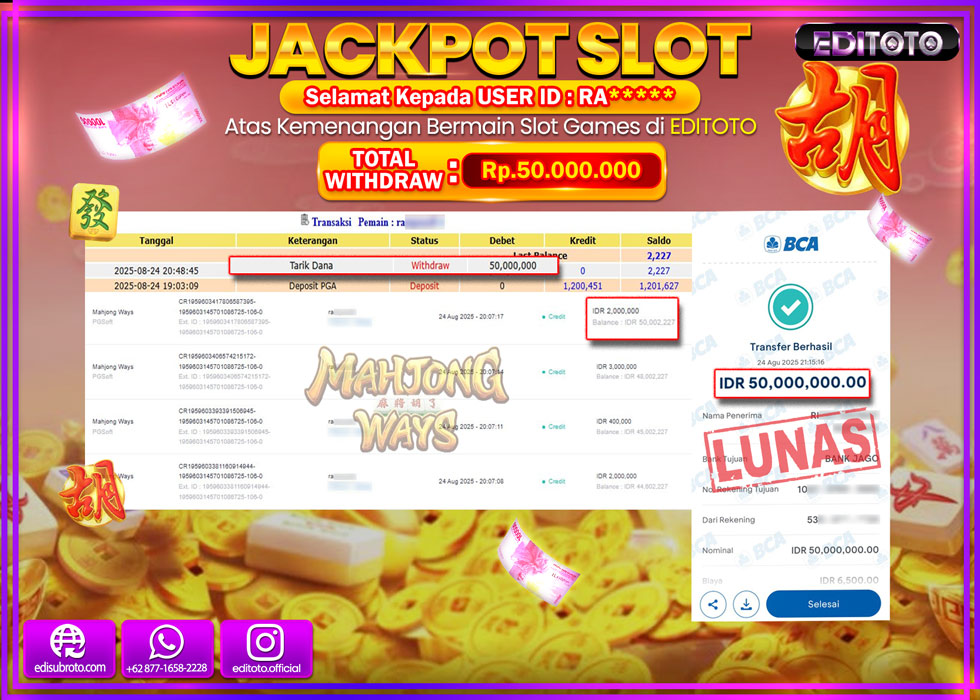 JACKPOT EDITOTO SLOT MAHJONG WAYS Rp.50.000.000,- LUNAS 