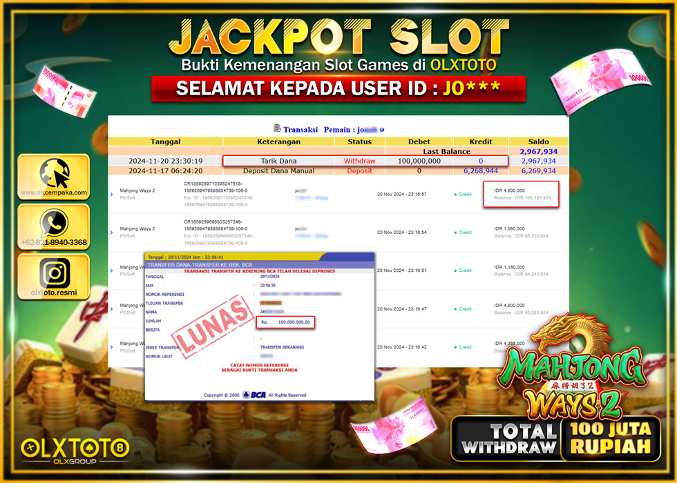 OLXTOTO JACKPOT  SLOT MAHJONG WAYS 2  Rp.100.000.000.,- LUNAS