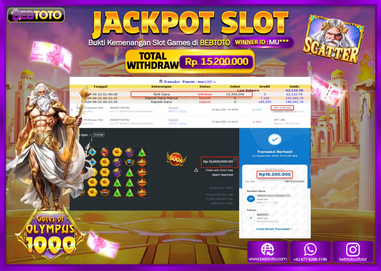 JACKPOT SLOT BEBTOTO GATES OF OLYMPUS 1000 Rp.15.200.000.,- LUNAS