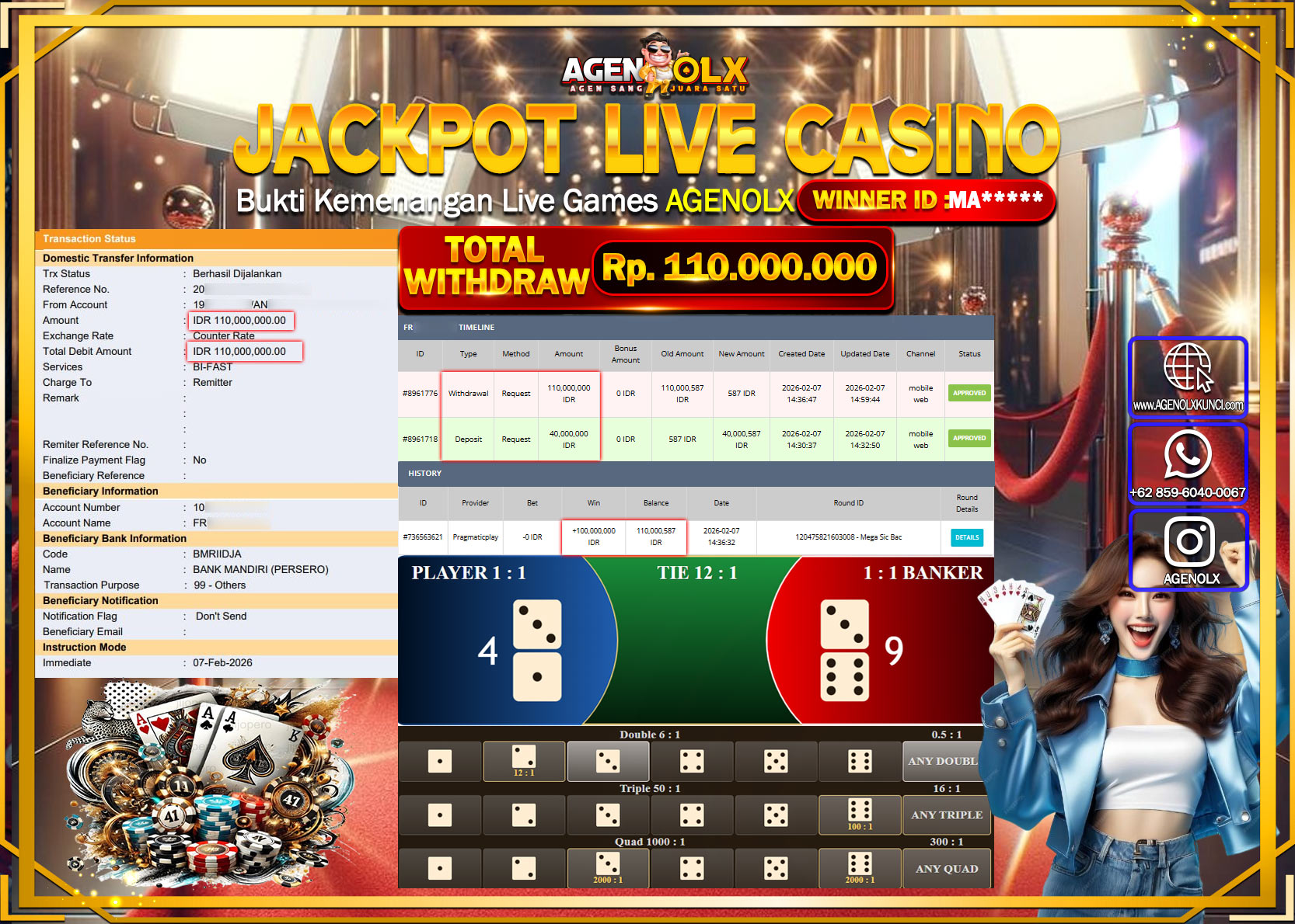 AGENOLX JACKPOT LIVE CASINO MEGA SIC BAC Rp 110.000.000 - LUNAS