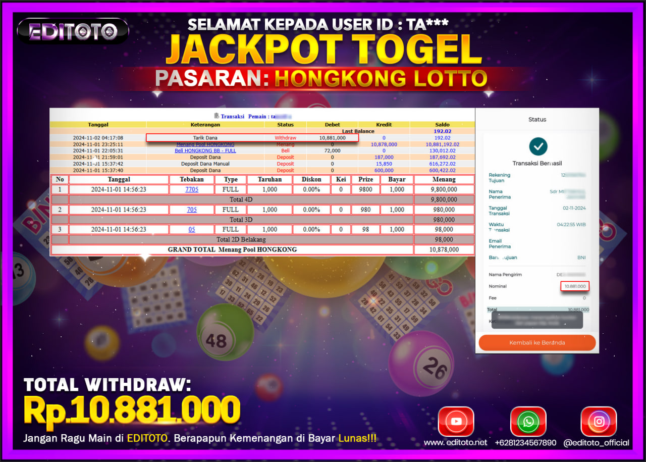 JACKPOT TOGEL PASARAN HONGKONG LOTTO Rp.10.881.000.,- LUNAS