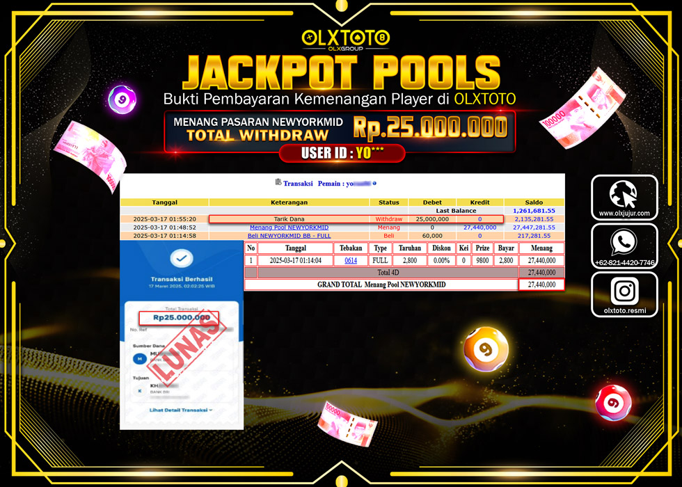 OLXTOTO JACKPOT TOGEL PASARAN POOL NEWYORKMID Rp.25.000.000.,- LUNAS