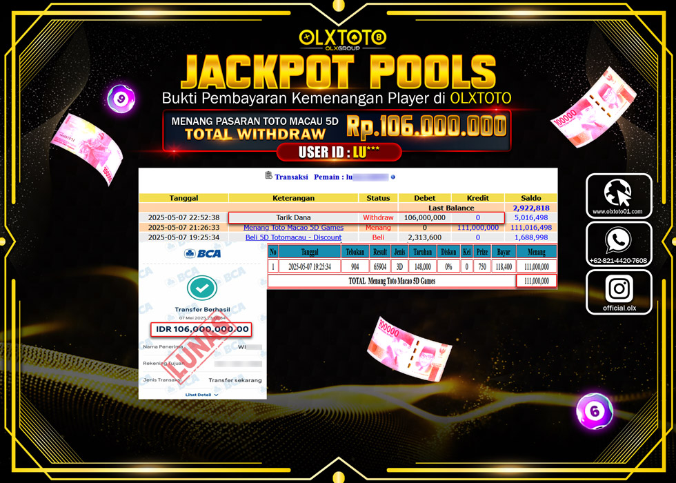 BINTANGSLOT77 JACKPOT TOGEL PASARAN TOTO MACAU 5D Rp.106.000.000.,- LUNAS