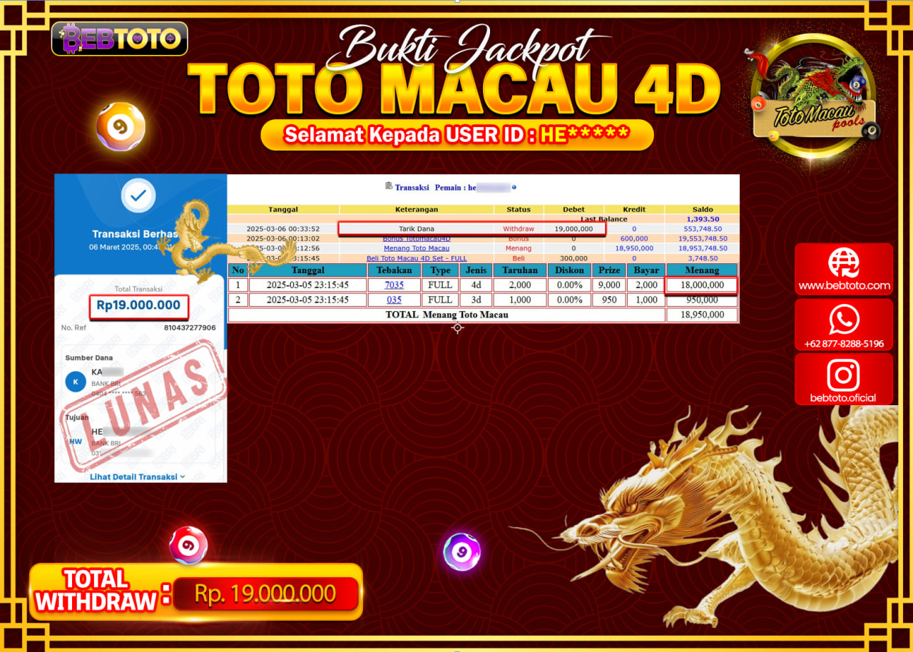 JACKPOT LIVE CASINO BEBTOTO TOTO MACAU 4D Rp.19.000.000.,- LUNAS