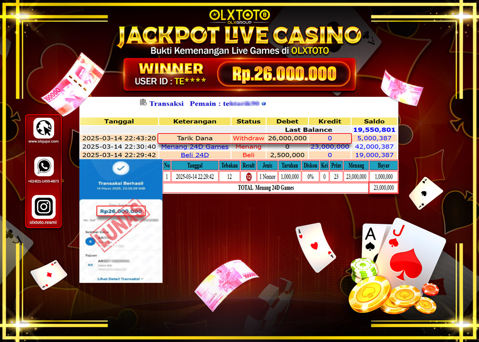 OLXTOTO JACKPOT  LIVE GAMES 24D GAMES Rp.26.000.000.,- LUNAS