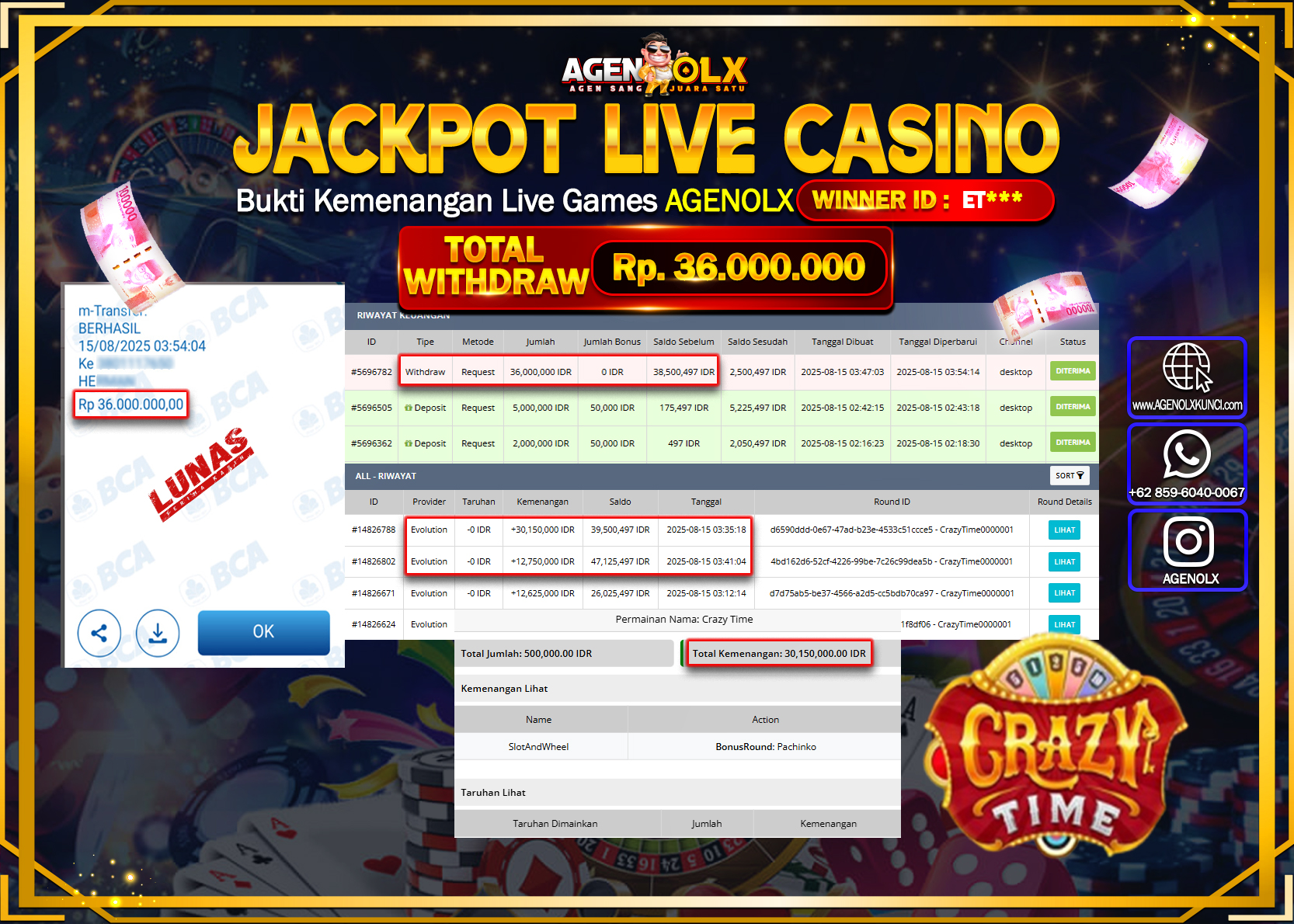AGENOLX JACKPOT lIVE CASSINO CRAZY TIME  Rp 36,000,000,- LUNAS