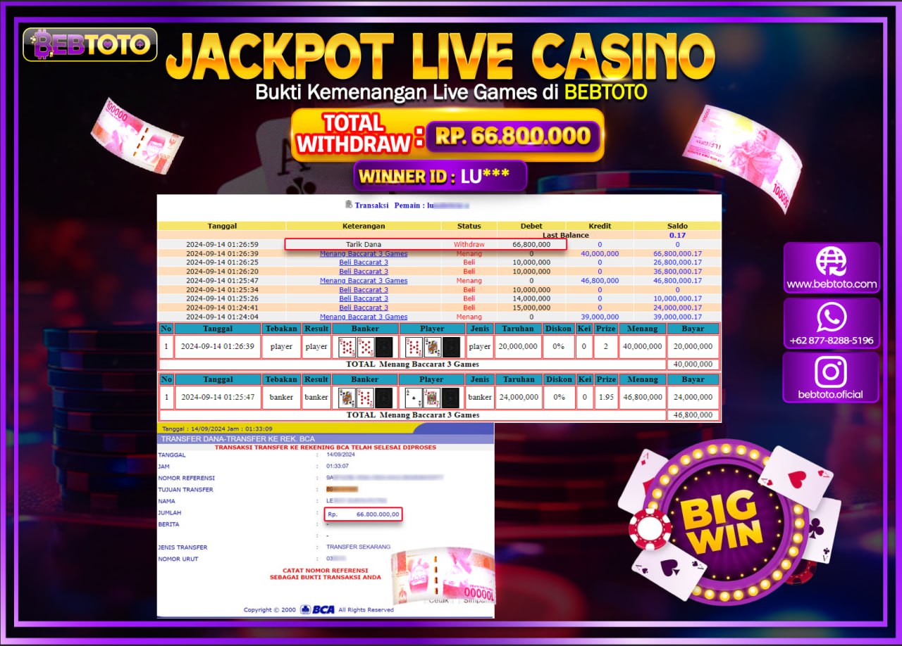 JACKPOT LIVE CASINO BEBTOTO BACCARAT 3 Rp.66.800.000.,- LUNAS