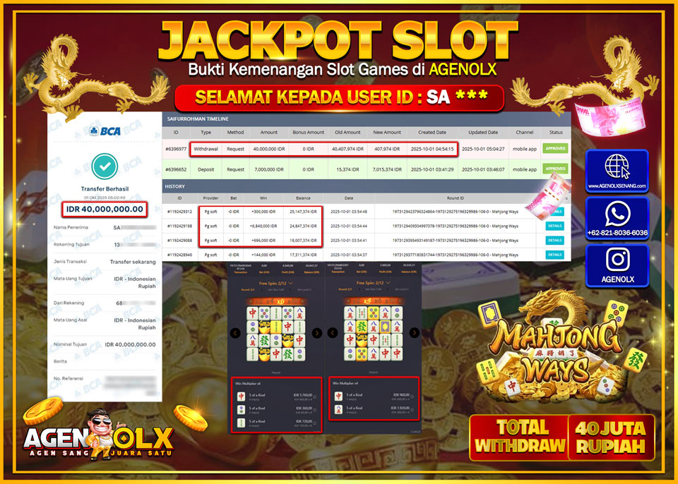 AGENOLX JACKPOT SLOT MAHJONG WAYS  Rp 40,000,000,- LUNAS