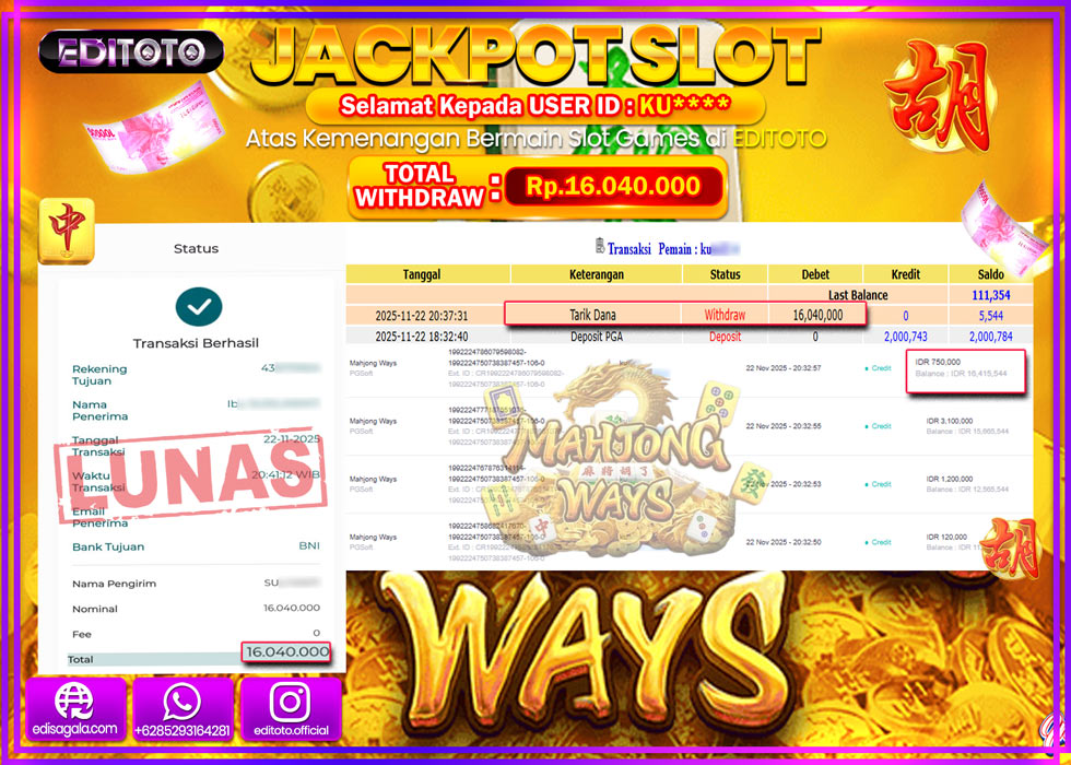 JACKPOT EDITOTO SLOT MAHJONG WAYS  Rp.16.040.000,- LUNAS