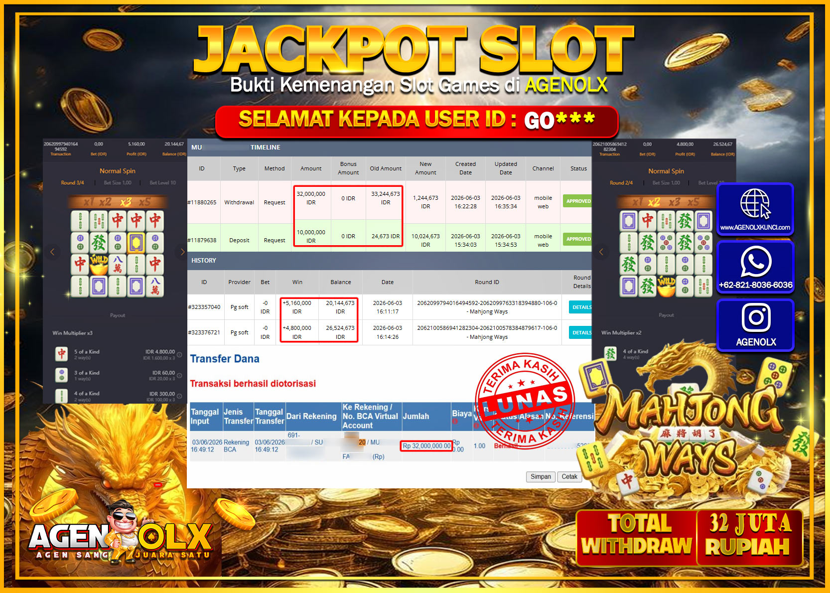 AGENOLX JACKPOT SLOT MAHJONG WAYS   Rp 32.000.000- LUNAS