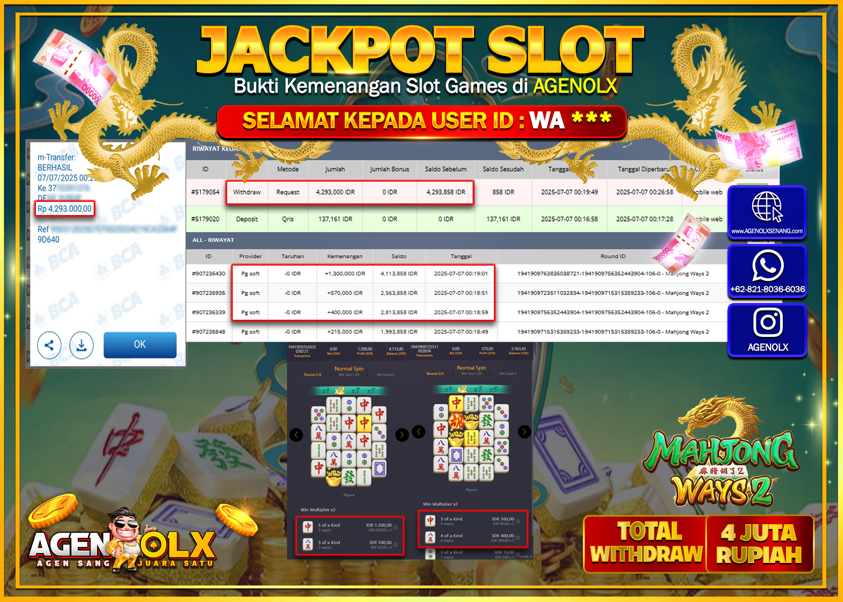 AGENOLX JACKPOT  SLOT MAHJONG WAYS 2 Rp 4.293.000,- LUNAS