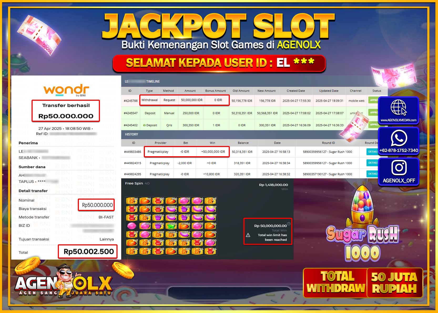 AGENOLX JACKPOT SLOT SUGAR RUSH 1000 Rp 50.000.000,- LUNAS