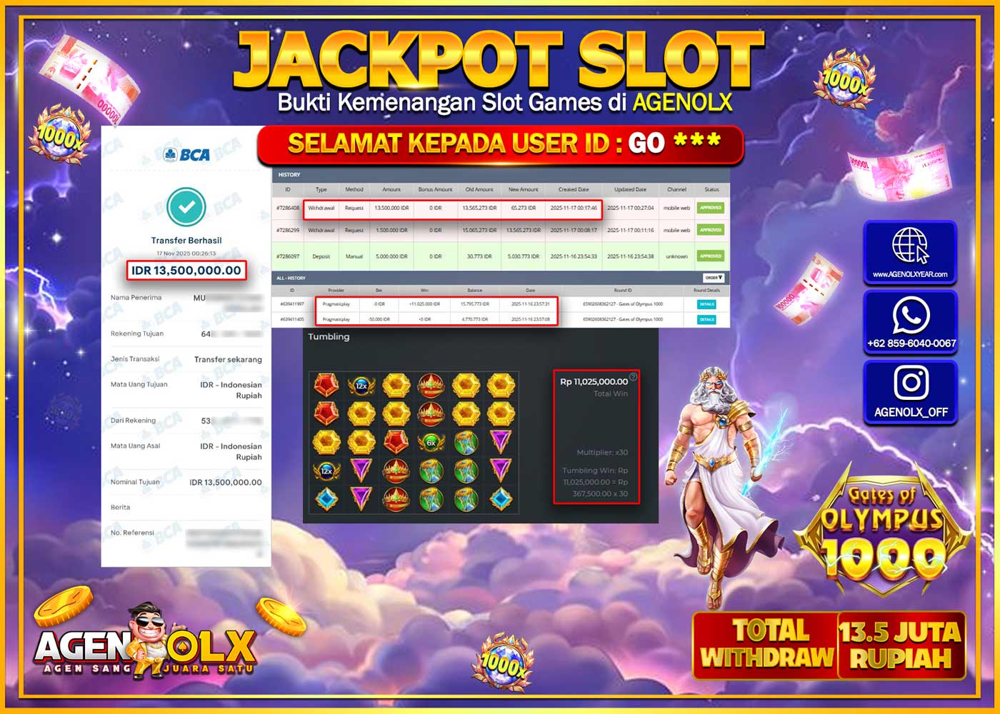 AGENOLX JACKPOT SLOT GATES OF OLYMPUS1000 Rp 13,500,000,- LUNAS