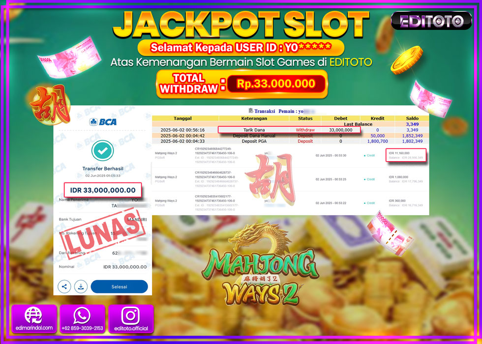 JACKPOT EDITOTO SLOT MAHJONG WAYS 2 Rp.33.000.000,- LUNAS