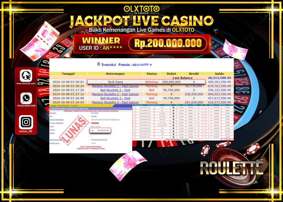 OLXTOTO JACKPOT  LIVE GAMES ROULETTE 2 Rp.200.000.000.,- LUNAS