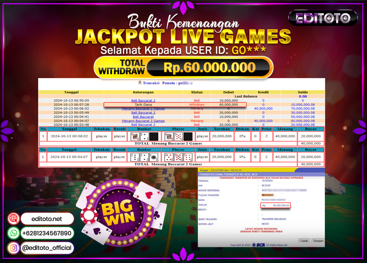 JACKPOT LIVE GAME BACCARAT Rp.60.000.000.,- LUNAS