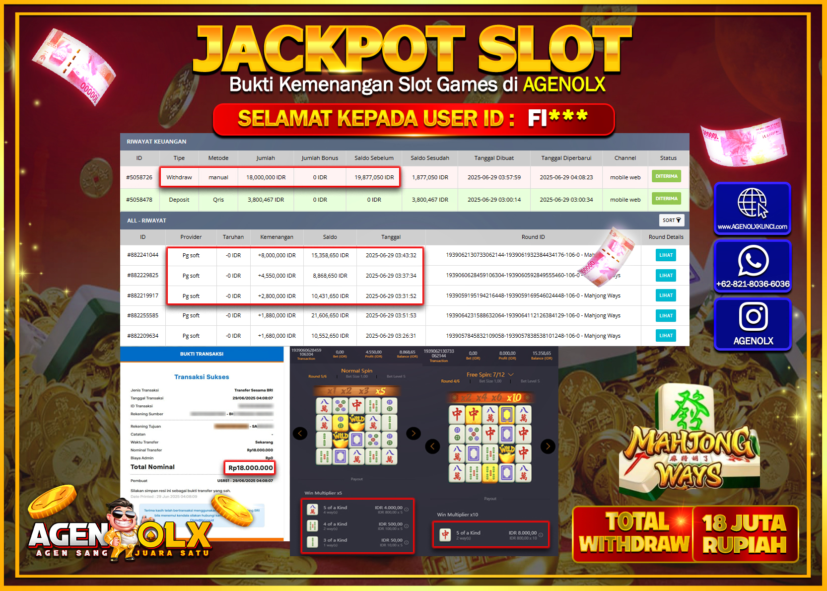 AGENOLX JACKPOT SLOT MAHJONG WAYS  Rp 18.000.000,- LUNAS