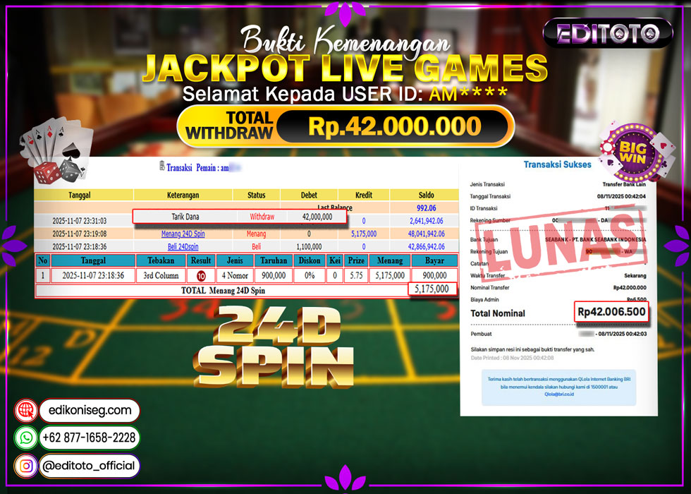 JACKPOT EDITOTO LIVE GAMES 24D SPIN Rp. 42.000.000.,- LUNAS