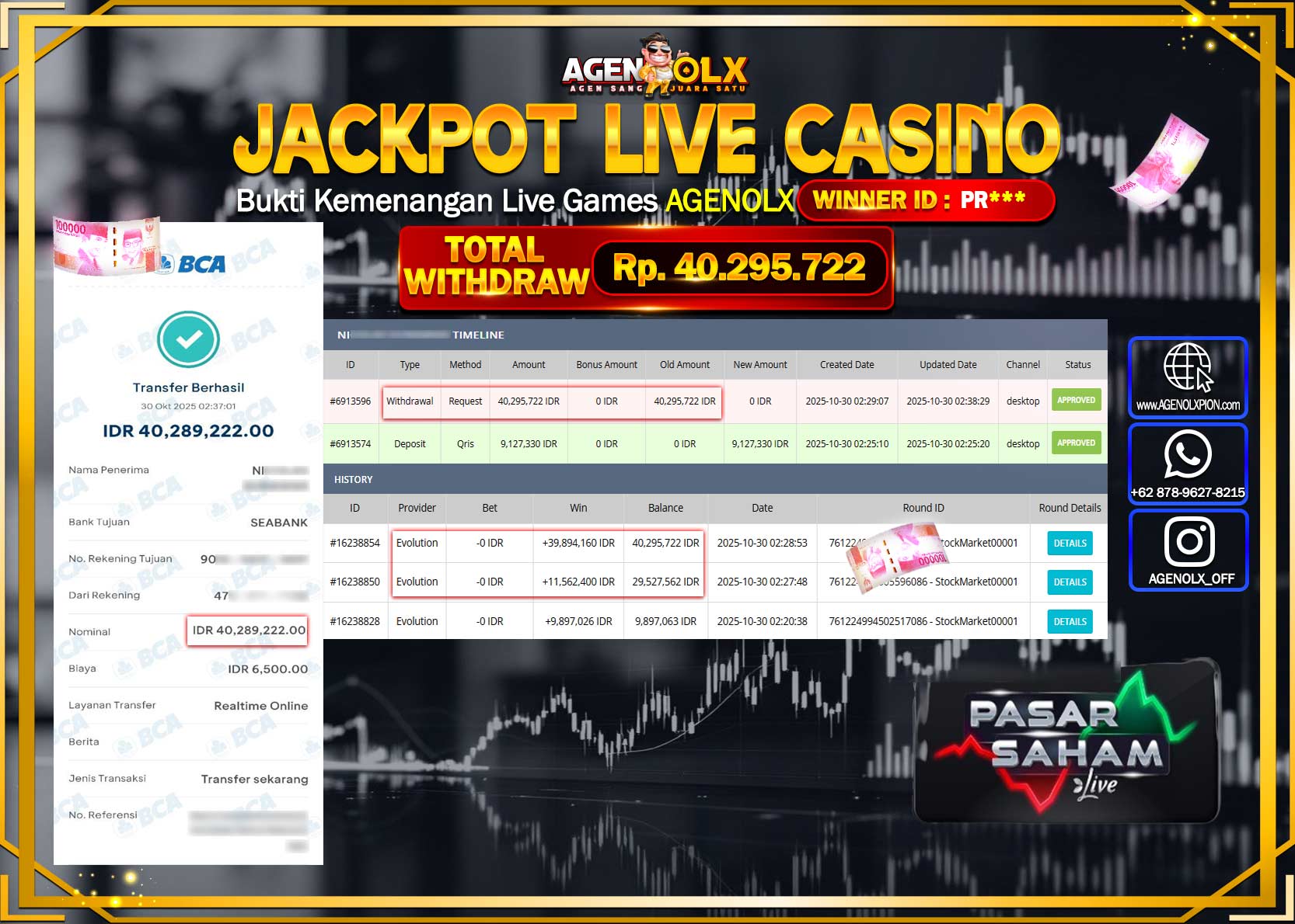 AGENOLX JACKPOT LIVE CASINO STOCK MARKET  Rp 40,295,722,- LUNAS