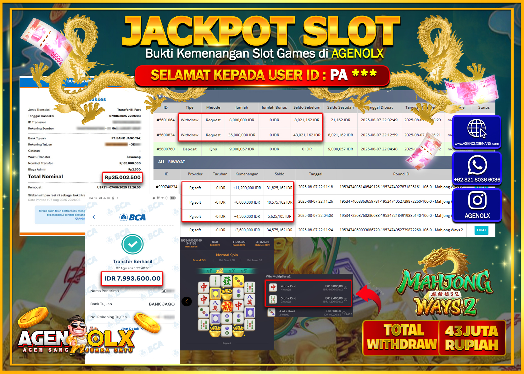 AGENOLX JACKPOT SLOT MAHJONG WAYS 2  Rp 43.000.000,- LUNAS