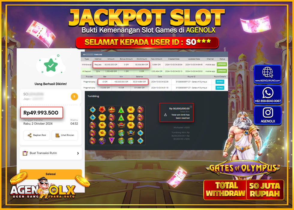 AGENOLX JACKPOT  SLOT GATES OF OLYMPUS Rp.50.000.000,- LUNAS