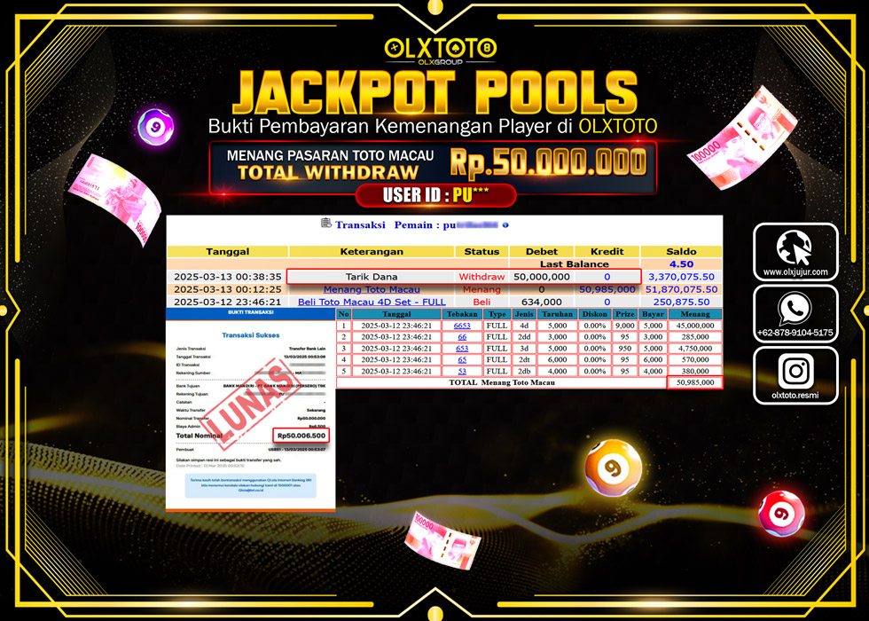 OLXTOTO JACKPOT TOGEL PASARAN TOTO MACAU Rp.50.000.000.,- LUNAS