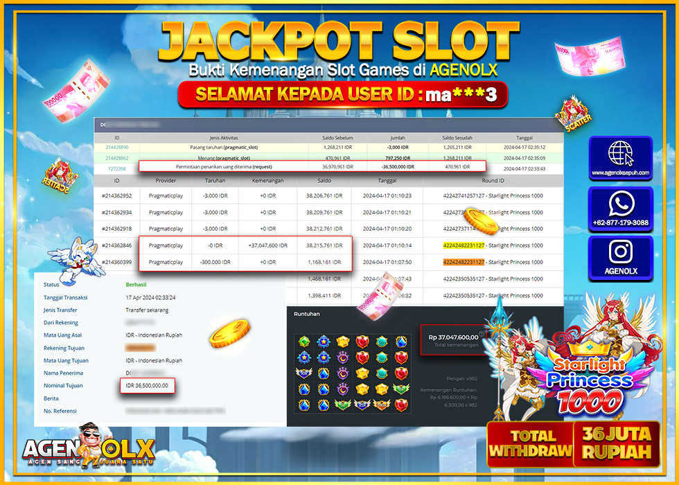 AGENOLX JACKPOT SLOT STARLIGHT PRINCESS 1000 Rp.36.000.000.,- LUNAS