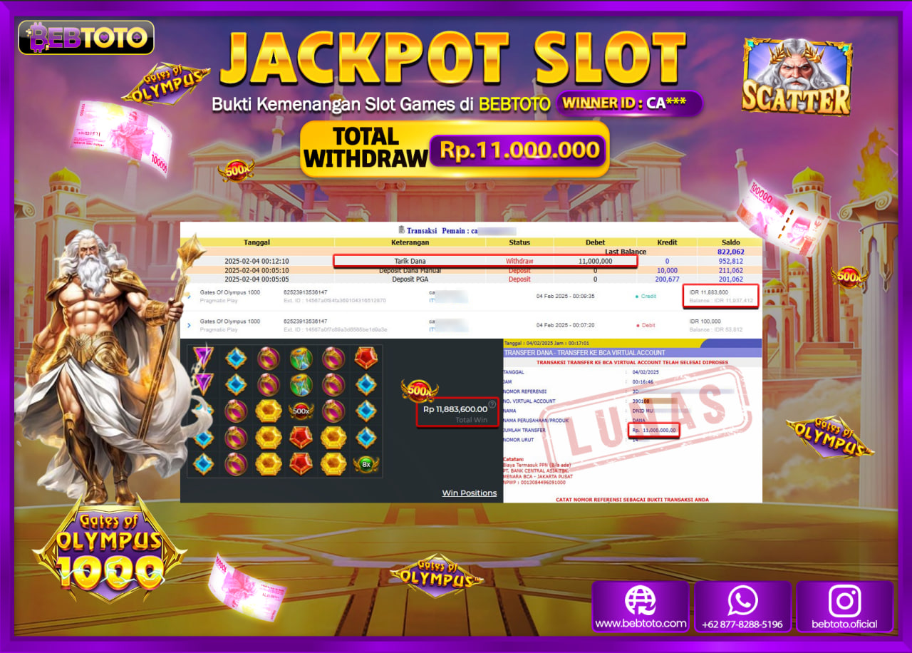 JACKPOT SLOT BEBTOTO GATES OF OLYMPUS 1000 Rp.11.000.000.,- LUNAS