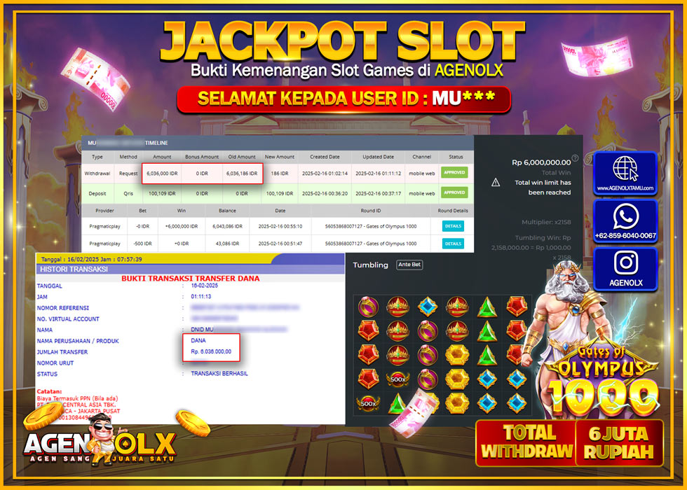 AGENOLX JACKPOT Provider PRAGMATICK PLAY Games GATES OFOLYMPUS 1000  Rp 6.000.000,- LUNAS