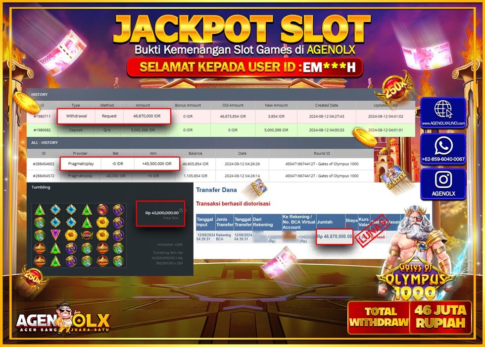 AGENOLX JACKPOT SLOT GATES OF OLYMPUS 1000 Rp.46.870.000,- LUNAS