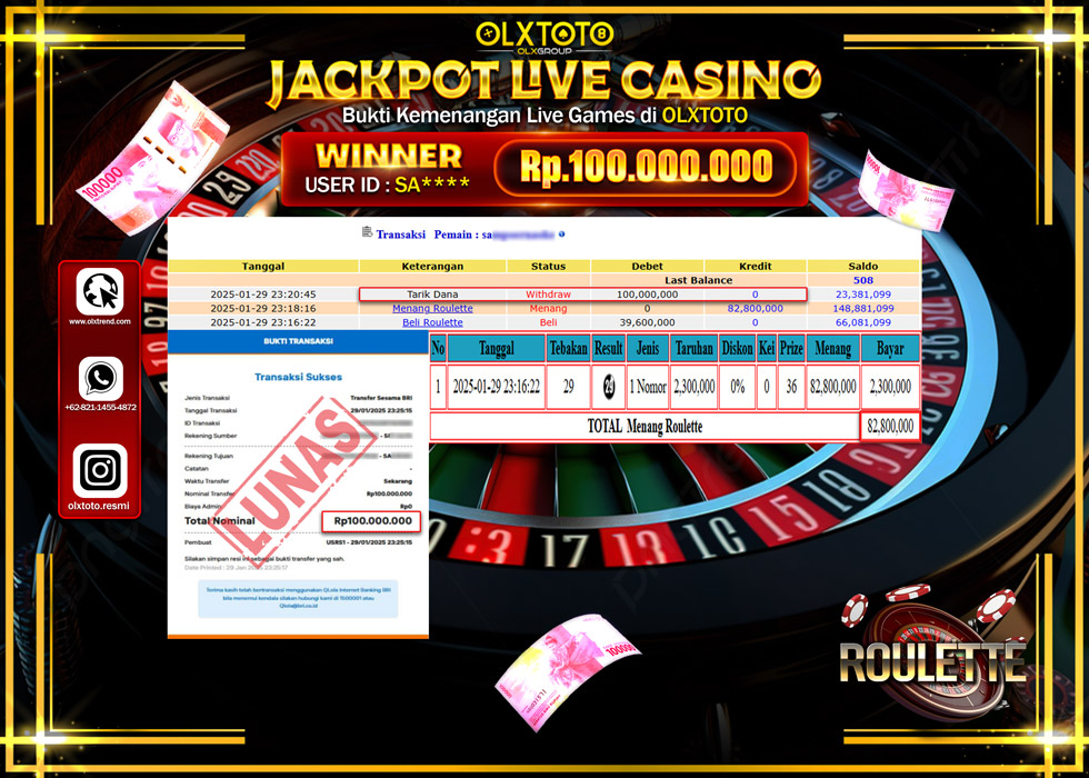 OLXTOTO JACKPOT  LIVE GAMES ROULETTE Rp.100.000.000.,- LUNAS