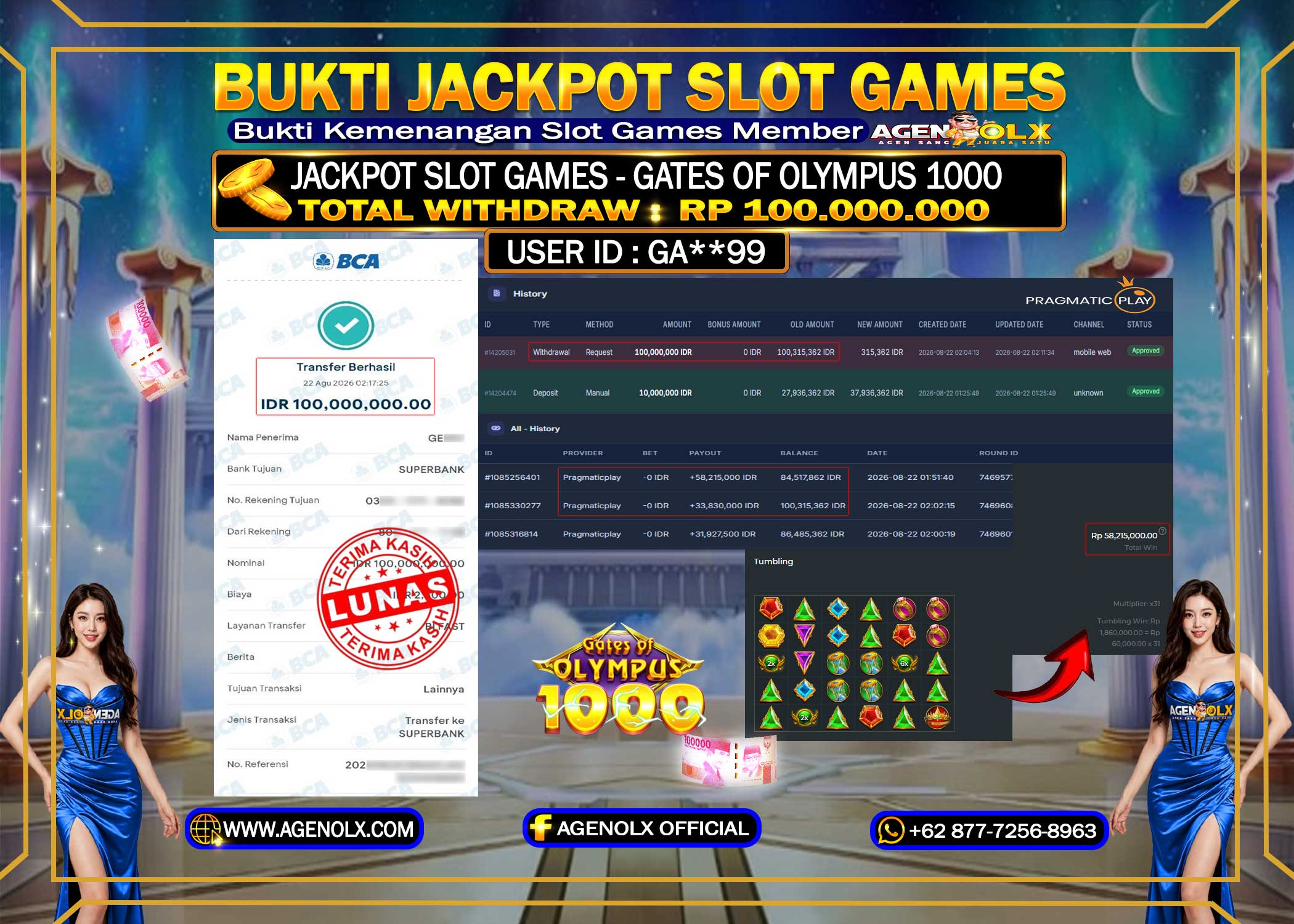 AGENOLX JACKPOT SLOT  GATES OF OLYMPUS 1000   Rp 100.000.000 -LUNAS