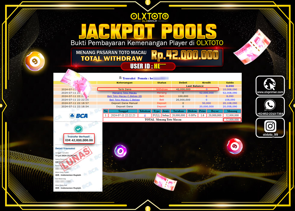 OLXTOTO JACKPOT  TOGEL TOTO MACAU Rp.42.000.000.,- LUNAS