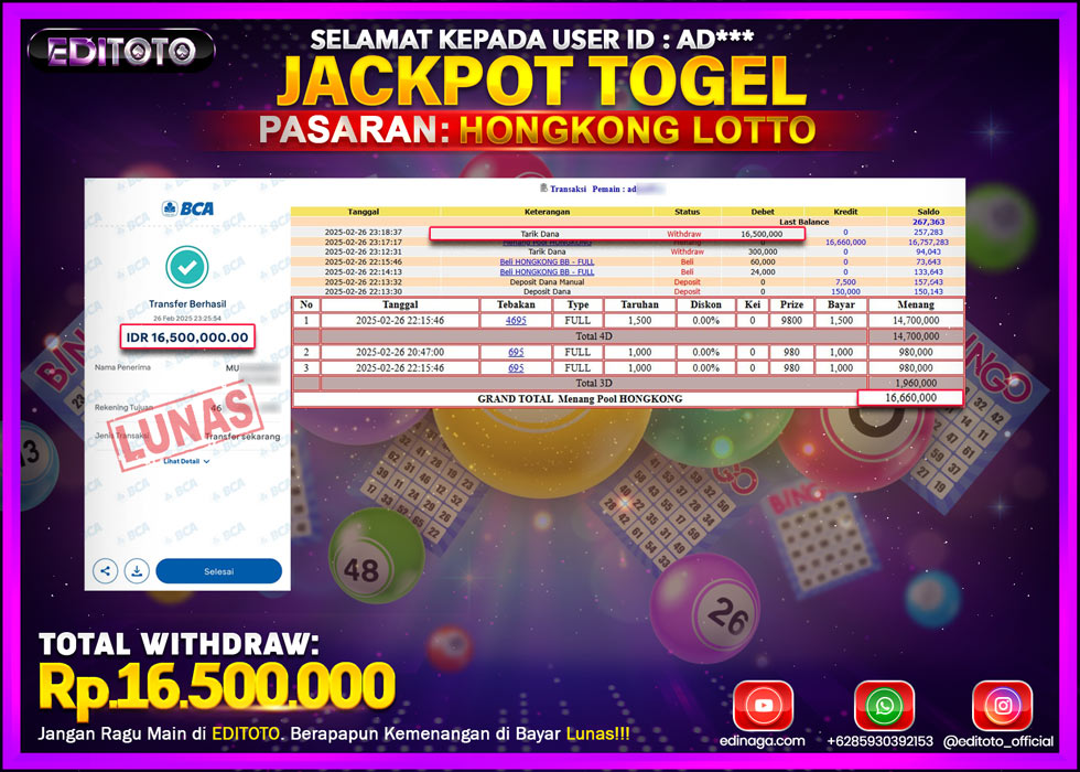 JACKPOT TOGEL PASARAN HONGKONG LOTTO Rp.16.500.000.,- LUNAS