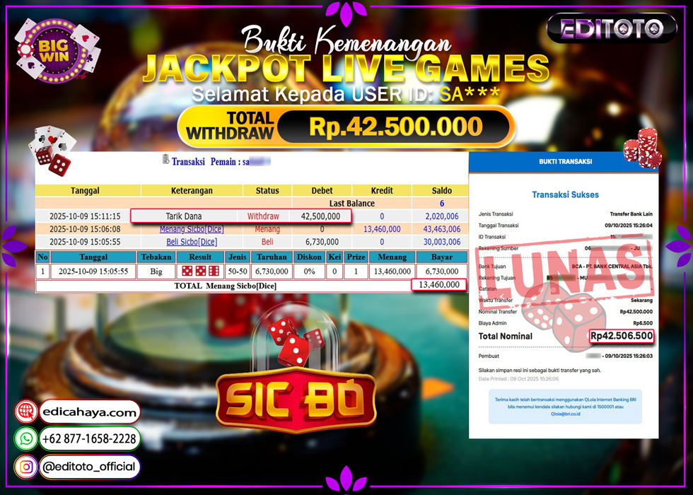 JACKPOT EDITOTO LIVE GAMES SICBO DICE Rp. 42.500.000.,- LUNAS