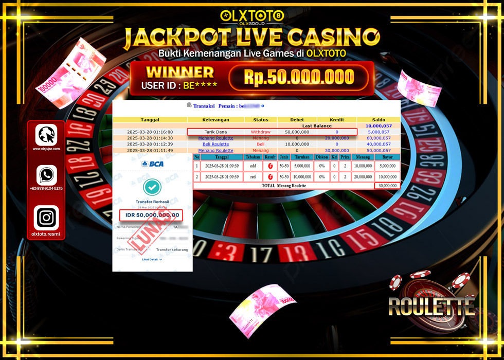 OLXTOTO JACKPOT  LIVE GAMES ROULETTE  Rp.50.000.000.,- LUNAS