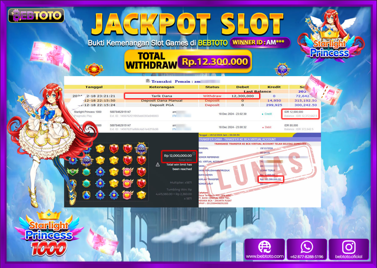 JACKPOT SLOT BEBTOTO STARLIGHT PRINCESS 1000 Rp.12.300.000.,- LUNAS