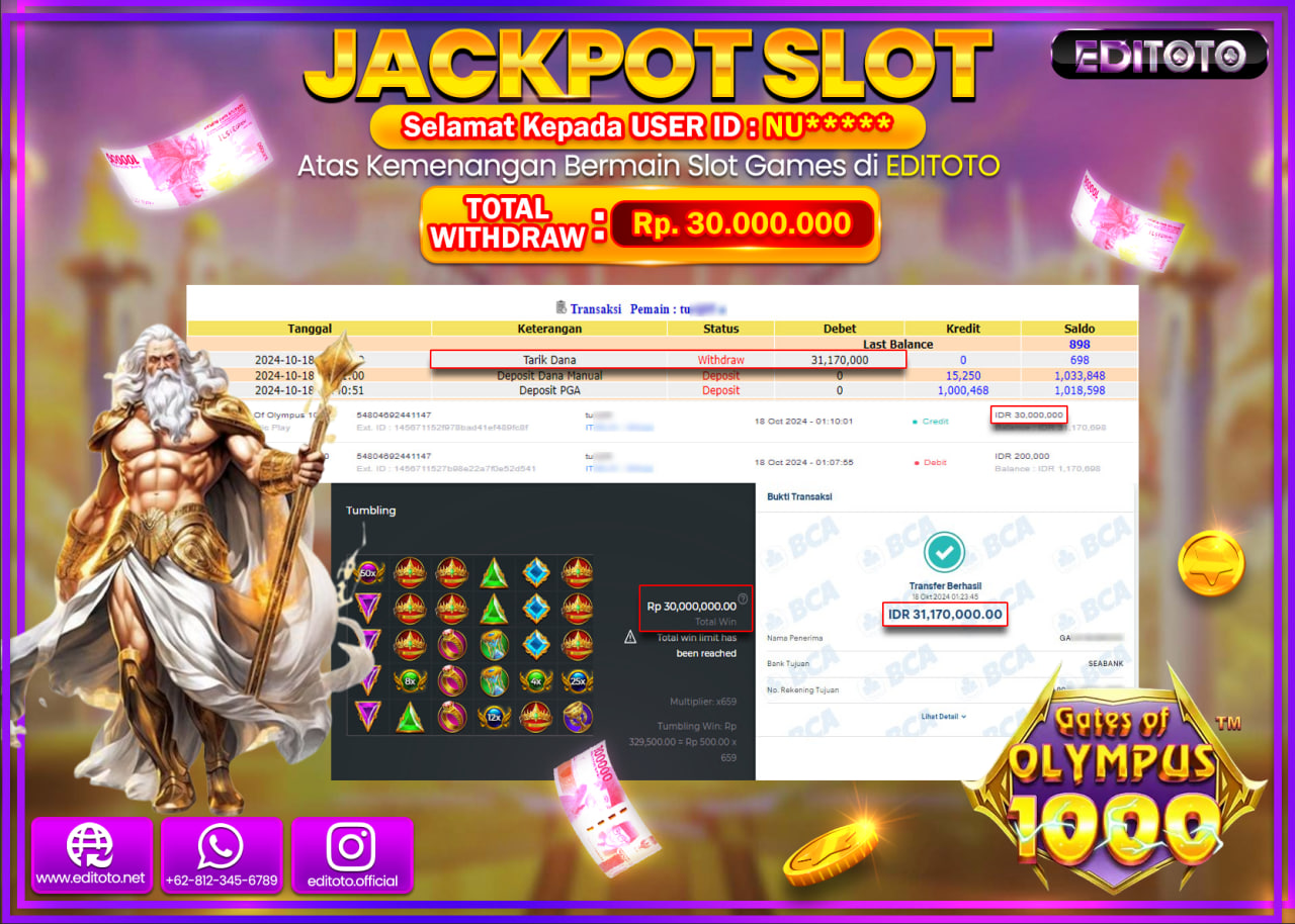 JACKPOT SLOT GATES OF OLYMPUS 1000 Rp.30.000.000.,- LUNAS