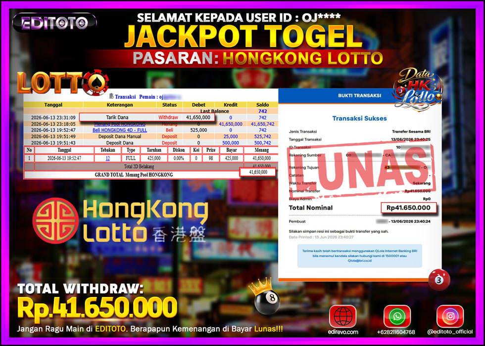 JACKPOT EDITOTO TOGEL PASARAN HONGKONG LOTTO Rp.41.650.000.,- LUNAS