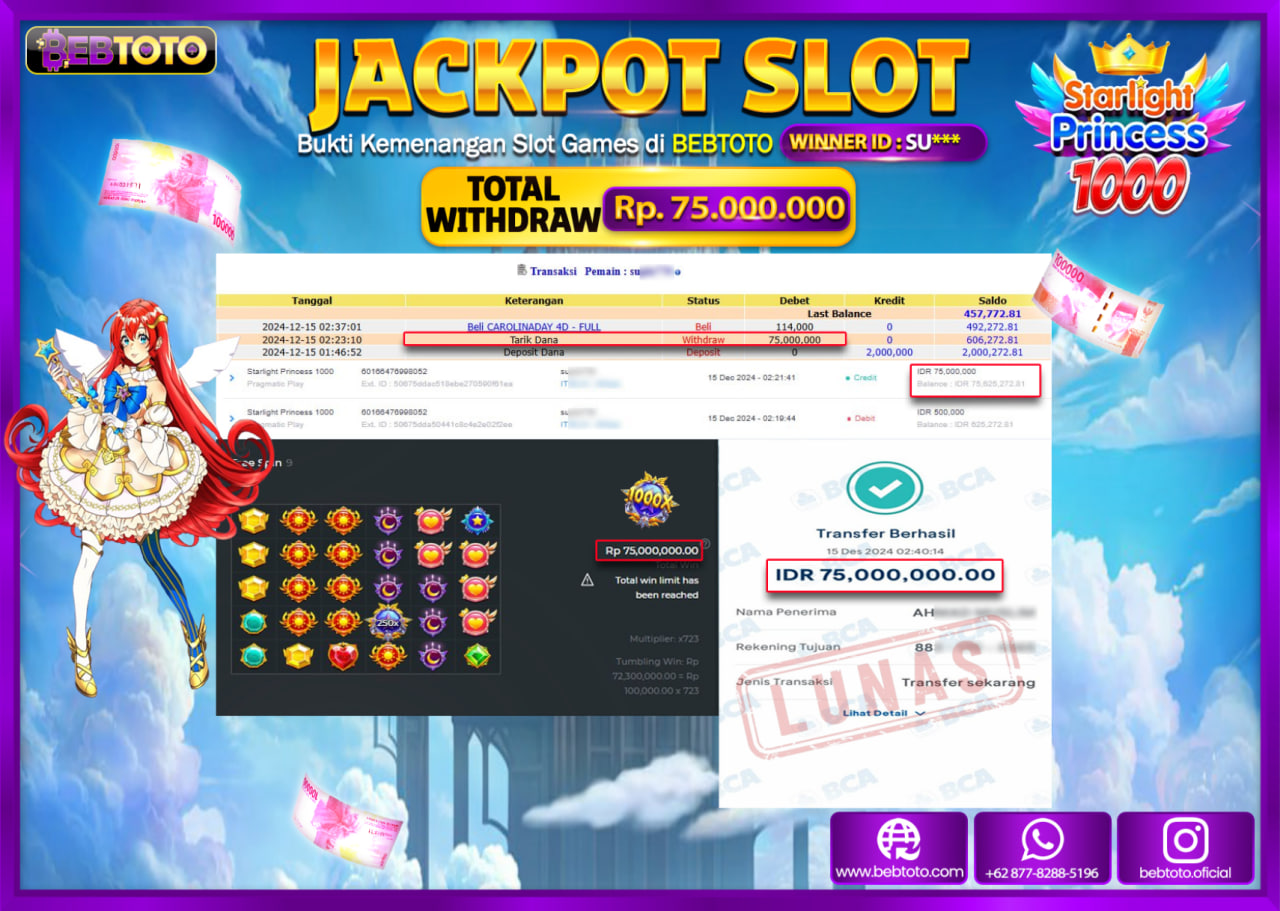 JACKPOT SLOT BEBTOTO STARLIGHT PRINCESS 1000  Rp.75,000,000 - LUNAS