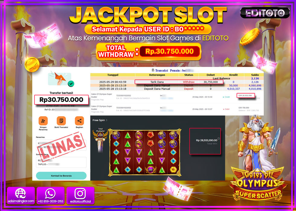 JACKPOT EDITOTO SLOT GATES OF OLYMPUS SUPER SCATTER Rp.30.750.000,- LUNAS