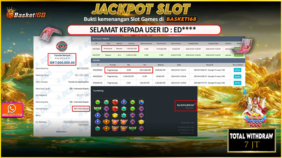 BASKET168 JACKPOT SLOT STARLIGHT PRINCESS 1000 Rp. 7.000.000,- LUNAS