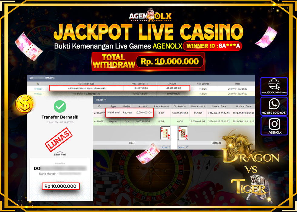 AGENOLX JACKPOT LIVE CASINO DRAGON TIGER  Rp.10.000.000,- LUNAS